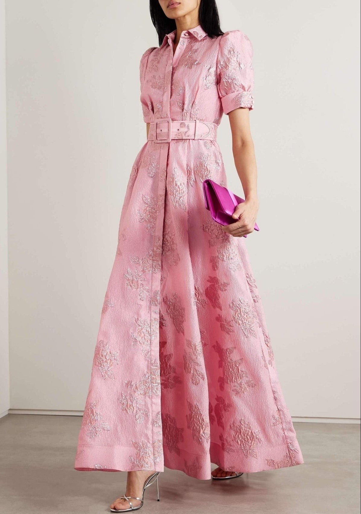 Women's Wedding Guest Floral Maxi Dress with Puff Sleeves and Belt