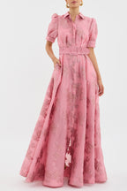 Women's Wedding Guest Floral Maxi Dress with Puff Sleeves and Belt