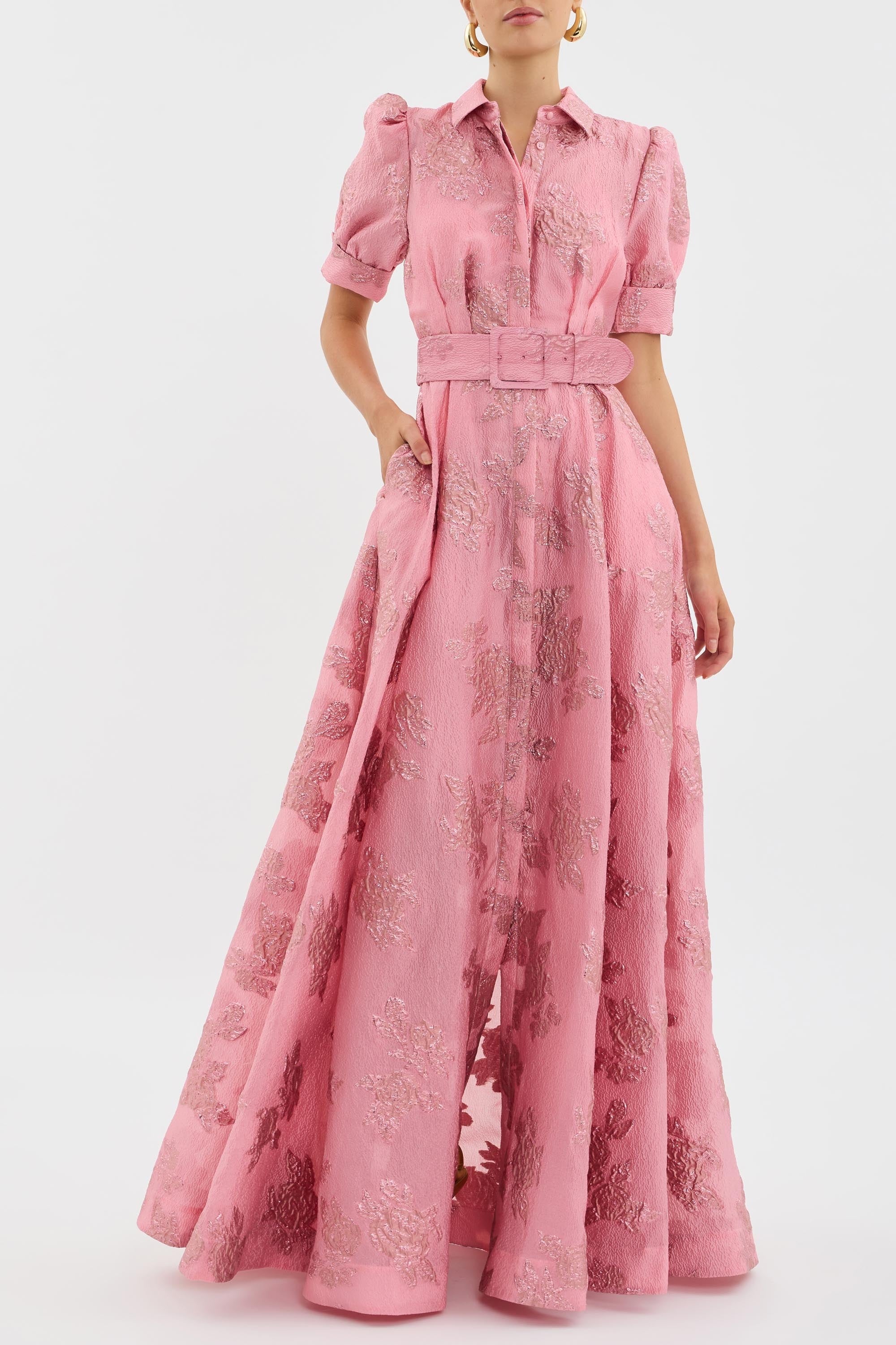Women's Wedding Guest Floral Maxi Dress with Puff Sleeves and Belt