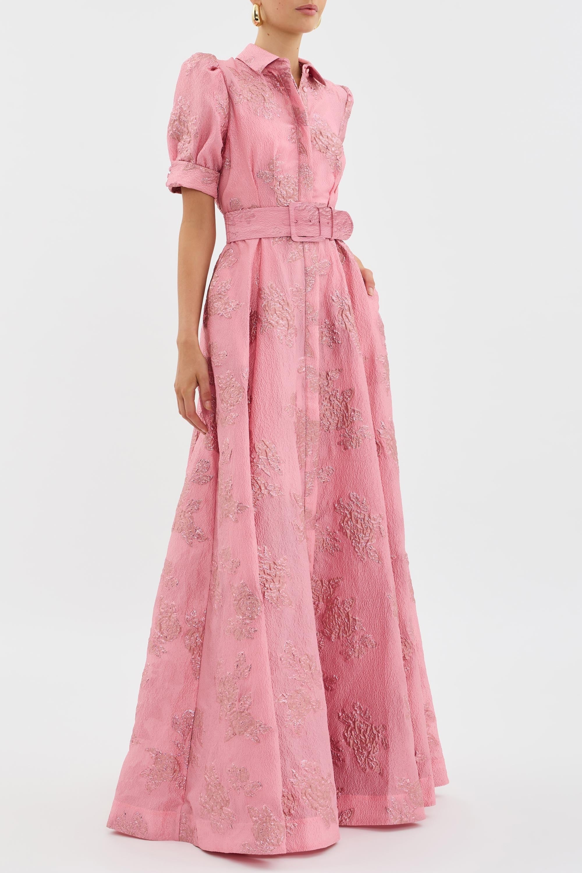Women's Wedding Guest Floral Maxi Dress with Puff Sleeves and Belt