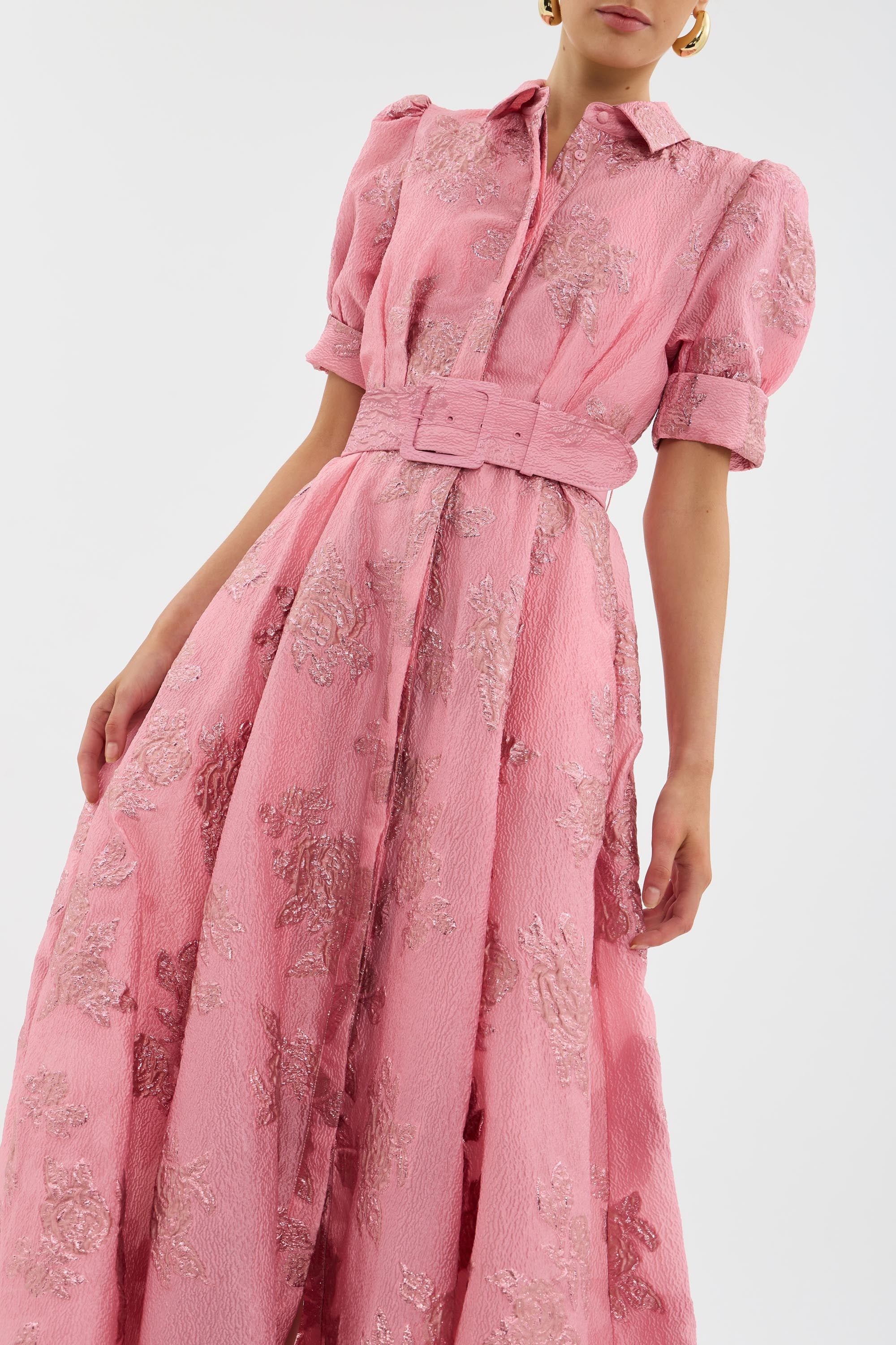 Women's Wedding Guest Floral Maxi Dress with Puff Sleeves and Belt