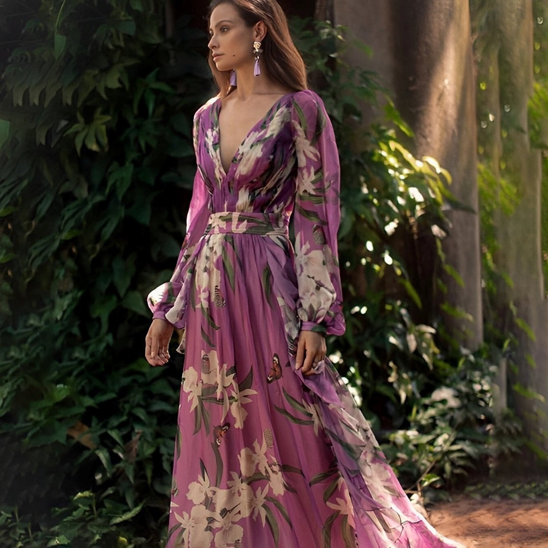 Women's Wedding Guest Floral Maxi Dress with V-Neck