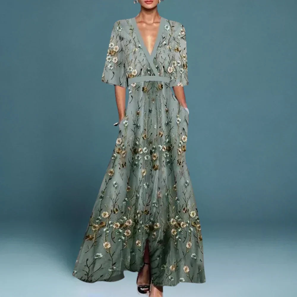 Women's Wedding Guest Floral Maxi Dress with V-Neck and Pockets
