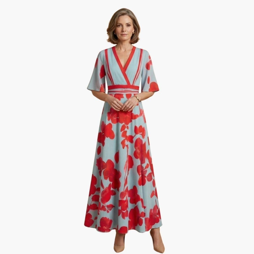 Women's Wedding Guest Floral Maxi Dress with V-Neckline