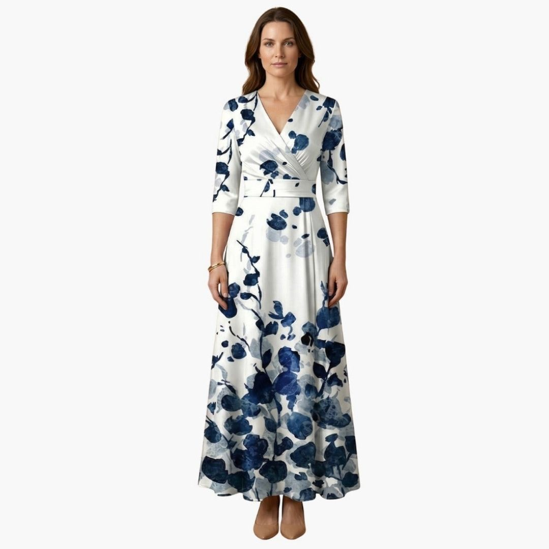 Women's Wedding Guest Floral Maxi Dress with V-Neckline
