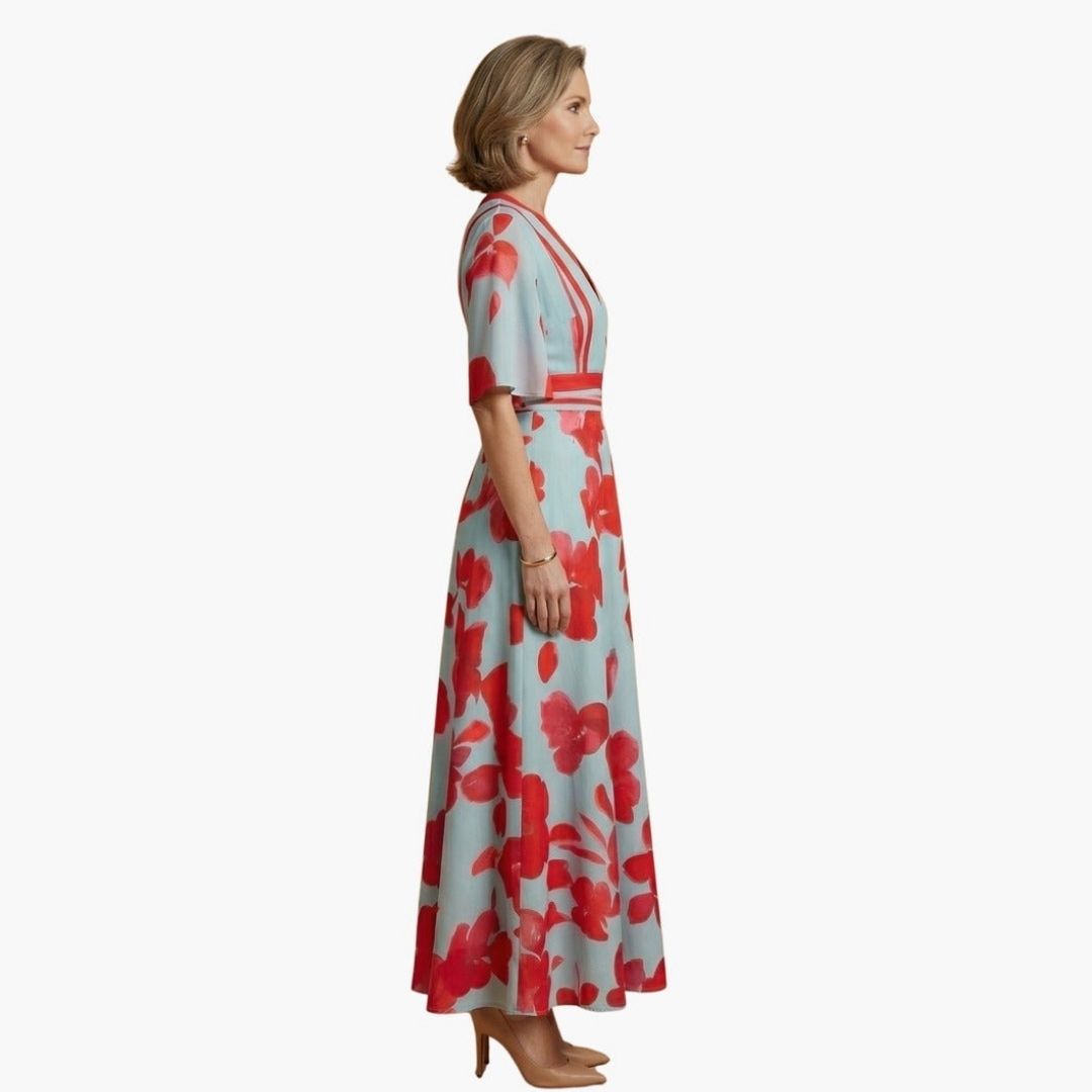 Women's Wedding Guest Floral Maxi Dress with V-Neckline