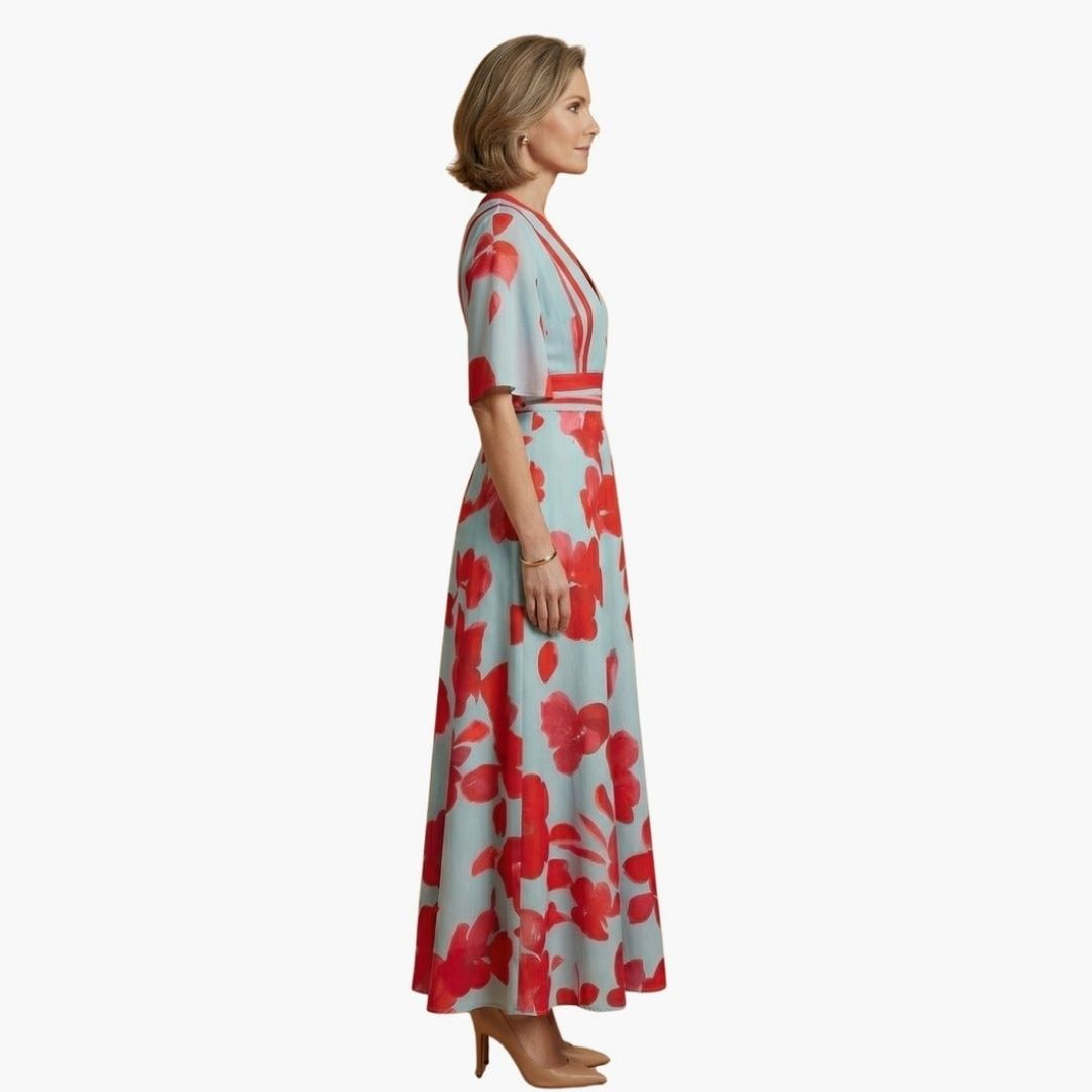 Women's Wedding Guest Floral Maxi Dress with V-Neckline