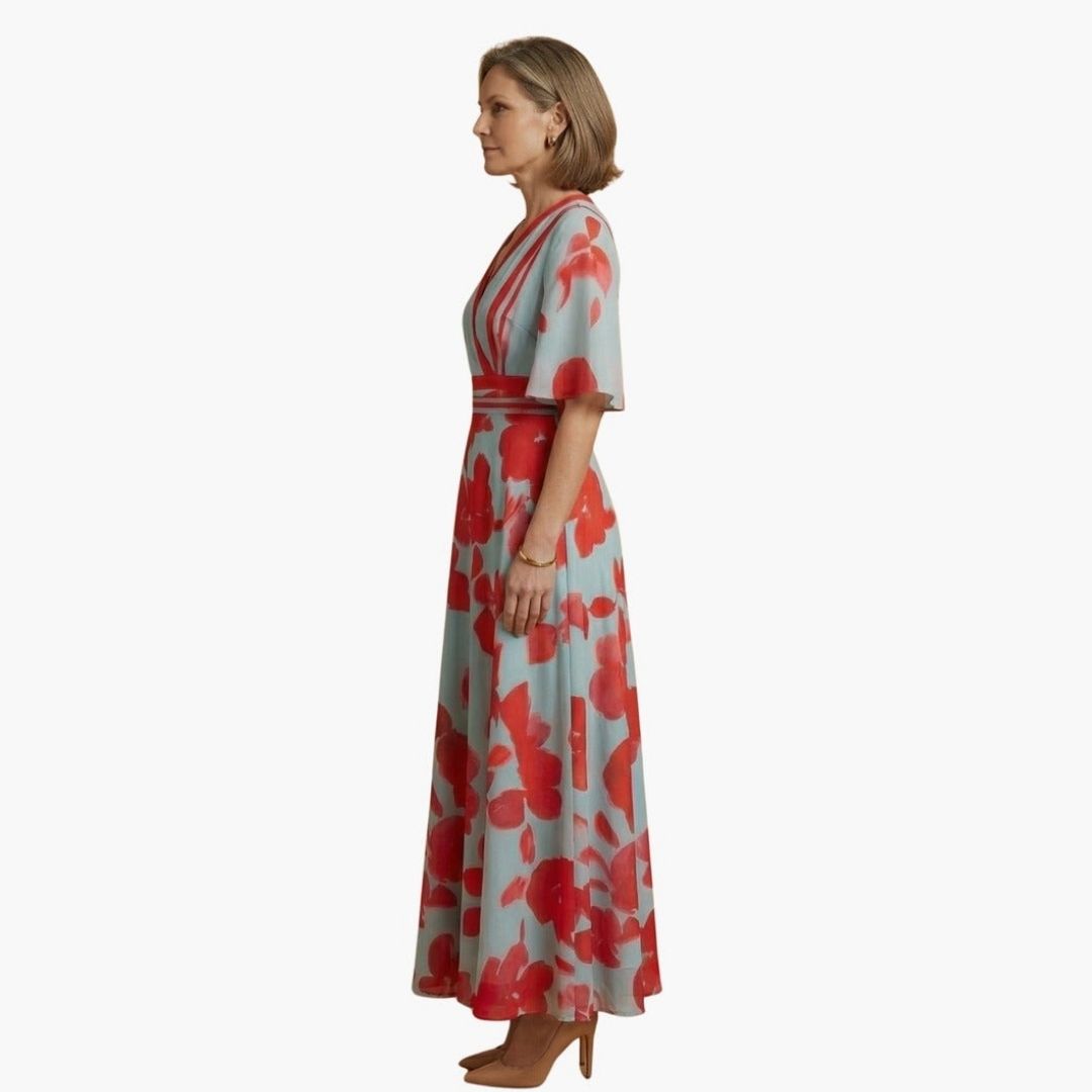 Women's Wedding Guest Floral Maxi Dress with V-Neckline