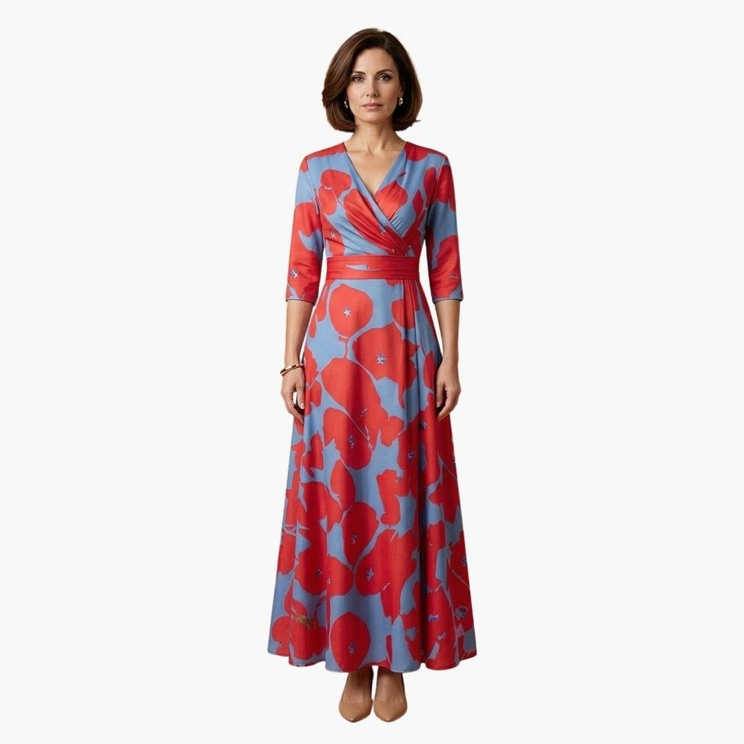 Women's Wedding Guest Floral Maxi Dress with V-Neckline