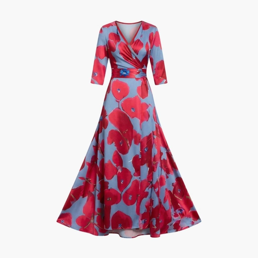 Women's Wedding Guest Floral Maxi Dress with V-Neckline