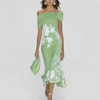 Women's Wedding Guest Floral Midi Dress with Off-Shoulder Neckline