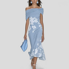 Women's Wedding Guest Floral Midi Dress with Off-Shoulder Neckline