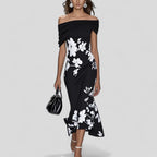 Women's Wedding Guest Floral Midi Dress with Off-Shoulder Neckline