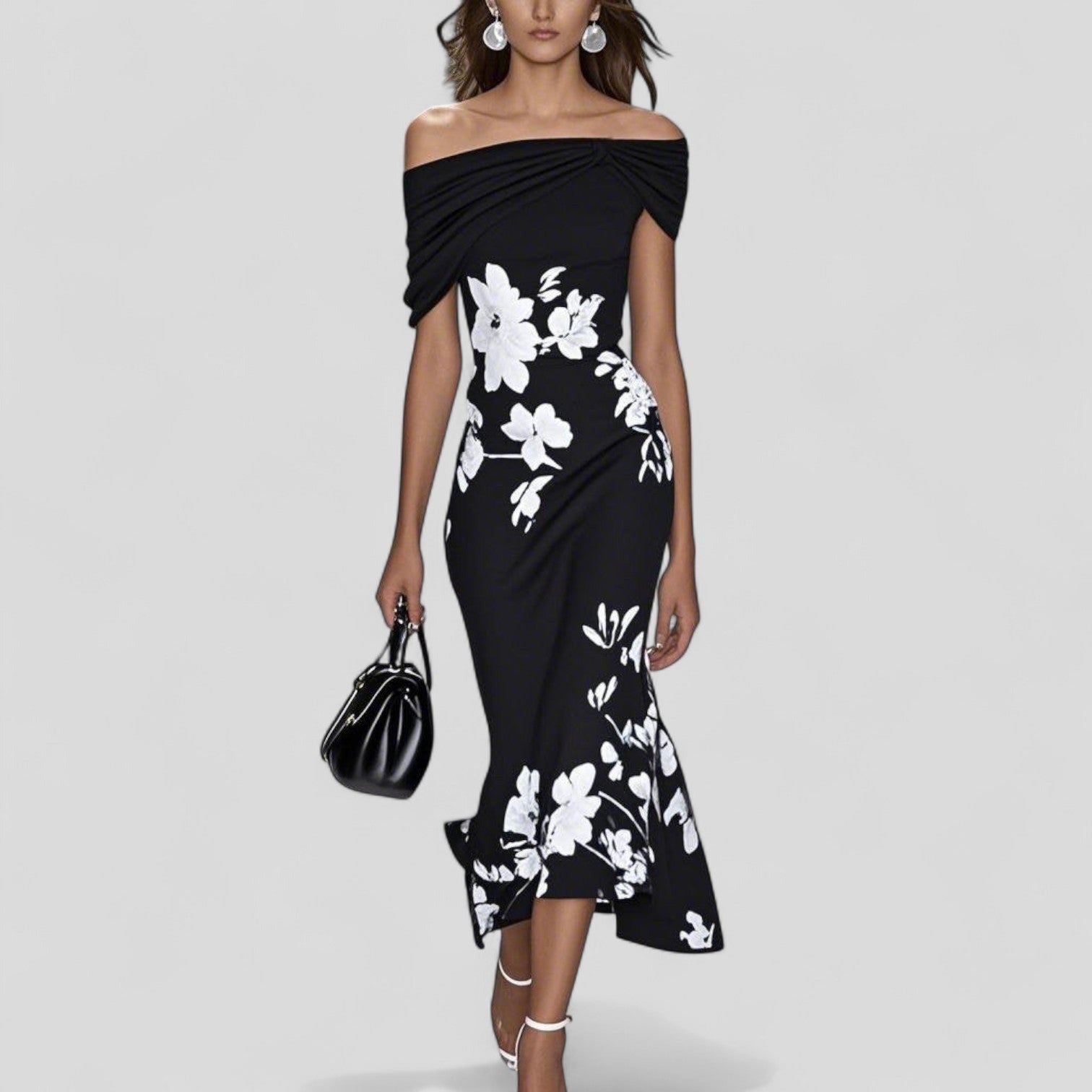 Women's Wedding Guest Floral Midi Dress with Off-Shoulder Neckline