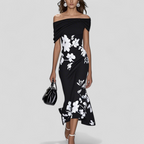 Women's Wedding Guest Floral Midi Dress with Off-Shoulder Neckline