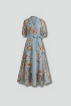 Women's Wedding Guest Floral Midi Dress with Puff Sleeves and Tie Belt
