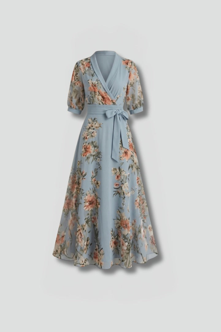 Women's Wedding Guest Floral Midi Dress with Puff Sleeves and Tie Belt