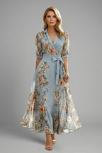 Women's Wedding Guest Floral Midi Dress with Puff Sleeves and Tie Belt