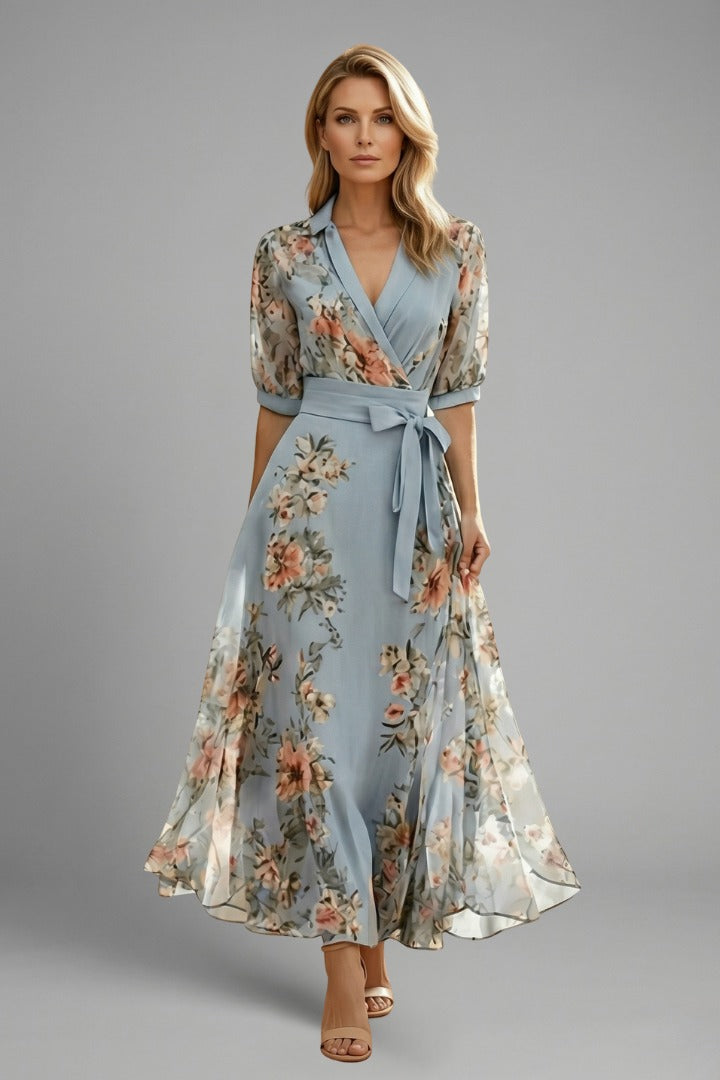 Women's Wedding Guest Floral Midi Dress with Puff Sleeves and Tie Belt
