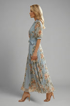 Women's Wedding Guest Floral Midi Dress with Puff Sleeves and Tie Belt