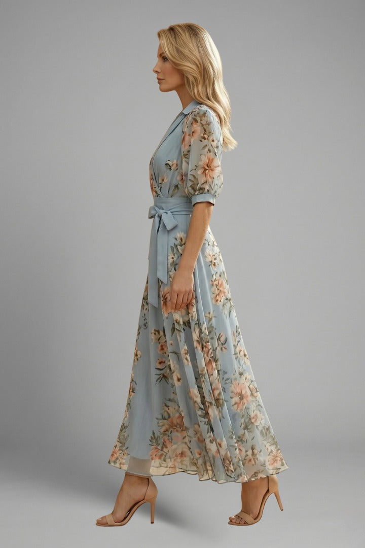 Women's Wedding Guest Floral Midi Dress with Puff Sleeves and Tie Belt