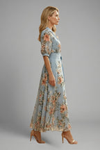 Women's Wedding Guest Floral Midi Dress with Puff Sleeves and Tie Belt