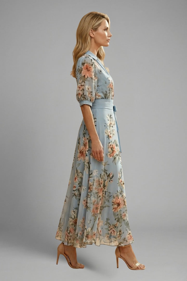 Women's Wedding Guest Floral Midi Dress with Puff Sleeves and Tie Belt