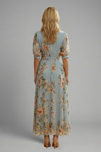Women's Wedding Guest Floral Midi Dress with Puff Sleeves and Tie Belt