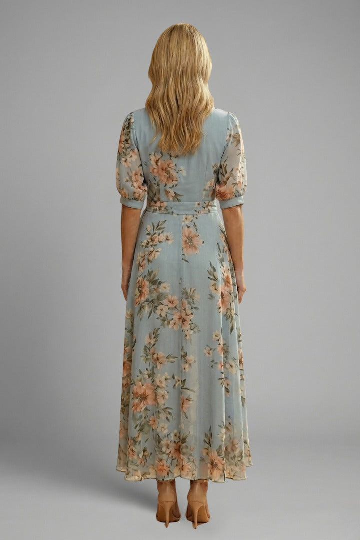 Women's Wedding Guest Floral Midi Dress with Puff Sleeves and Tie Belt