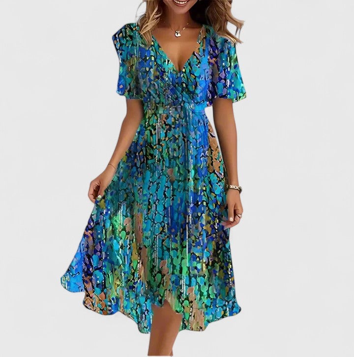 Women's Wedding Guest Floral Midi Dress with V-Neck