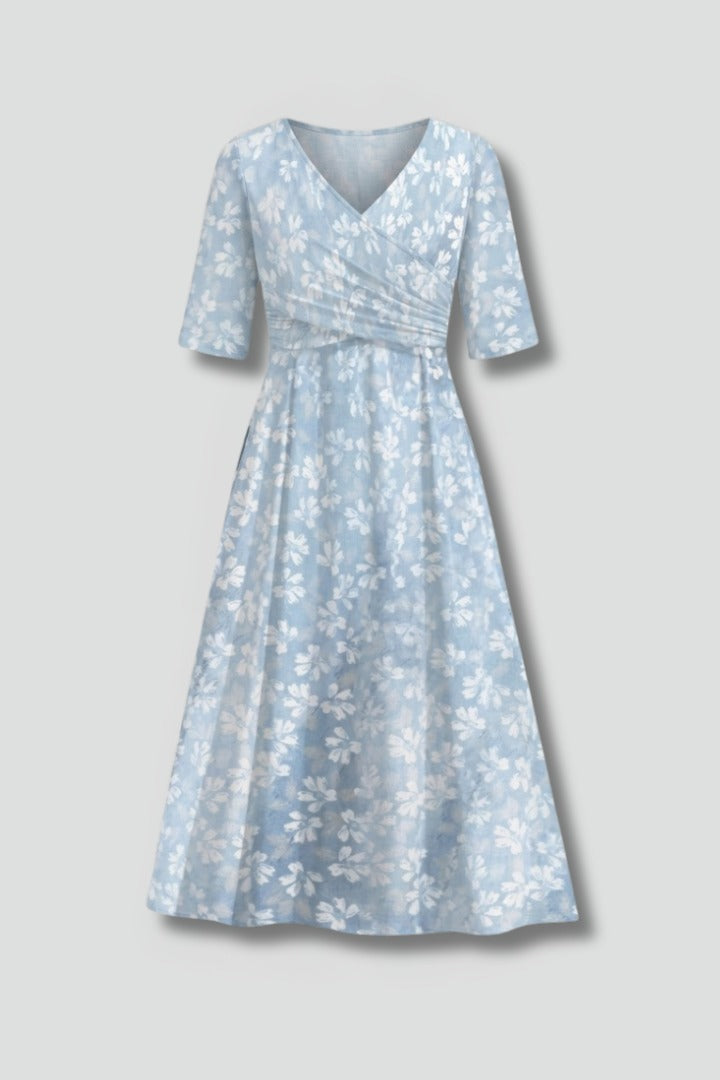 Women's Wedding Guest Floral Midi Dress with V-Neck