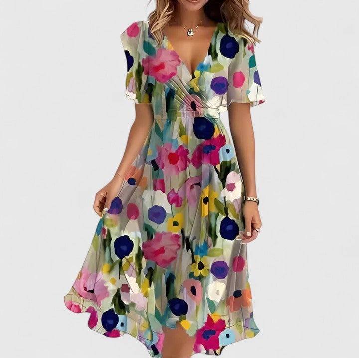 Women's Wedding Guest Floral Midi Dress with V-Neck