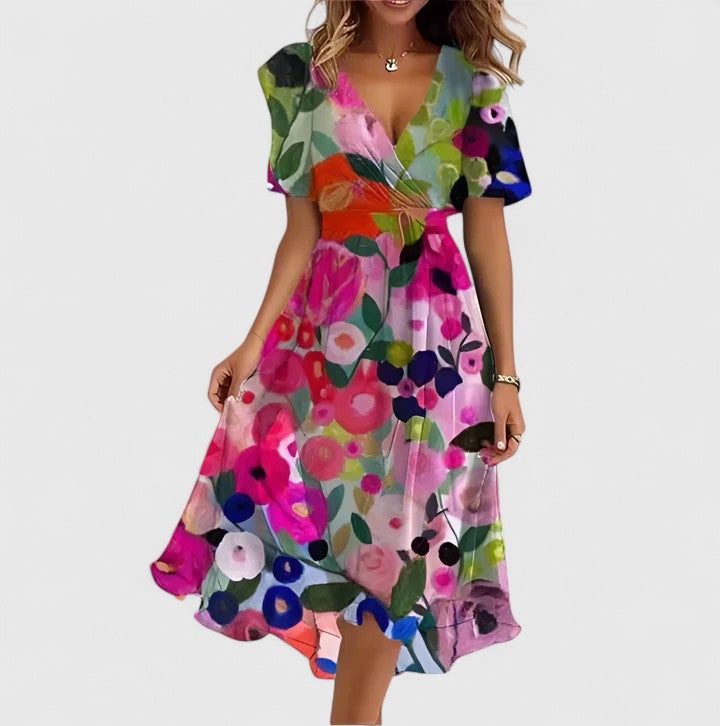 Women's Wedding Guest Floral Midi Dress with V-Neck