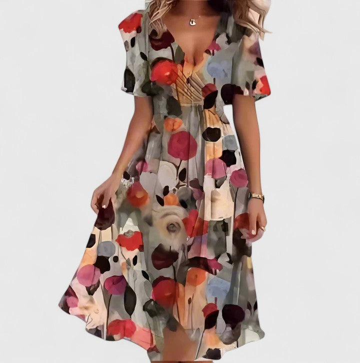 Women's Wedding Guest Floral Midi Dress with V-Neck
