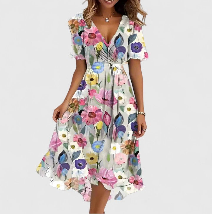 Women's Wedding Guest Floral Midi Dress with V-Neck