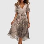 Women's Wedding Guest Floral Midi Dress with V-Neck