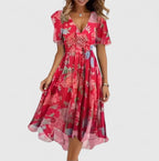 Women's Wedding Guest Floral Midi Dress with V-Neck