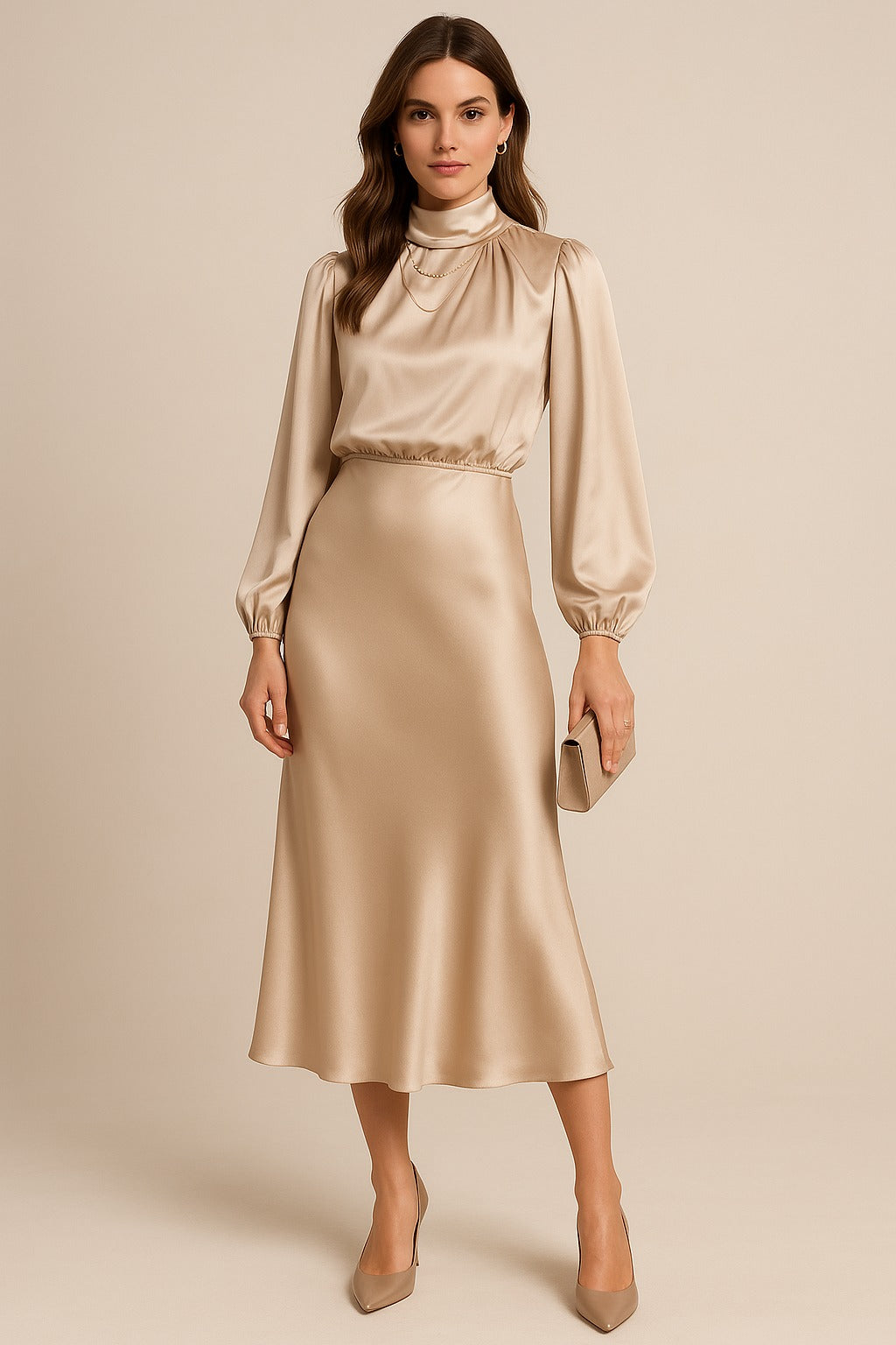 Women's Wedding Guest Long Sleeve Midi Dress with High Neck