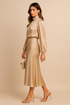 Women's Wedding Guest Long Sleeve Midi Dress with High Neck
