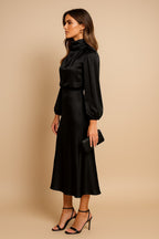 Women's Wedding Guest Long Sleeve Midi Dress with High Neck