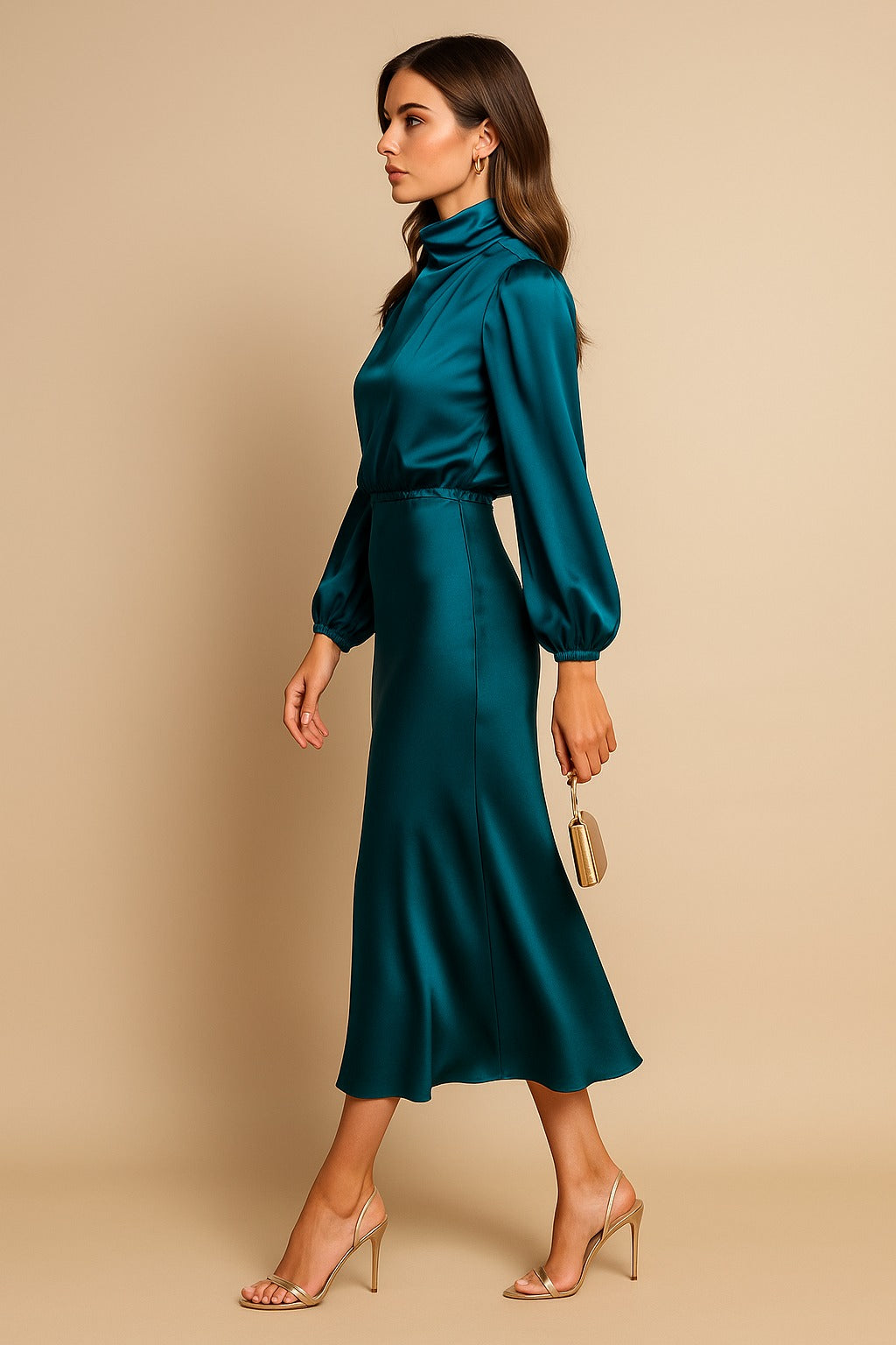 Women's Wedding Guest Long Sleeve Midi Dress with High Neck