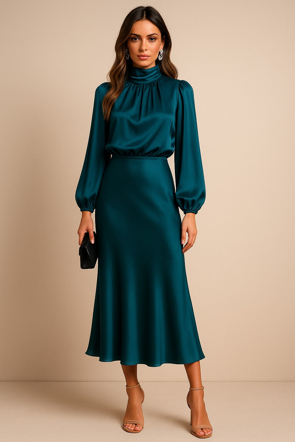 Women's Wedding Guest Long Sleeve Midi Dress with High Neck