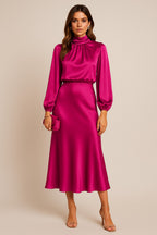 Women's Wedding Guest Long Sleeve Midi Dress with High Neck