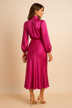 Women's Wedding Guest Long Sleeve Midi Dress with High Neck