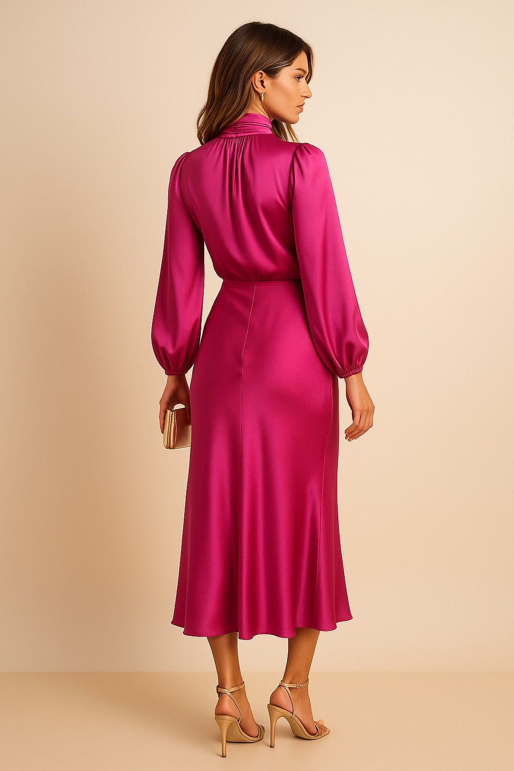 Women's Wedding Guest Long Sleeve Midi Dress with High Neck
