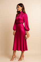 Women's Wedding Guest Long Sleeve Midi Dress with High Neck