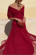 Women's Wedding Guest Maxi Dress with Off-Shoulder Neckline