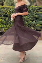 Women's Wedding Guest Maxi Dress with Off-Shoulder Neckline