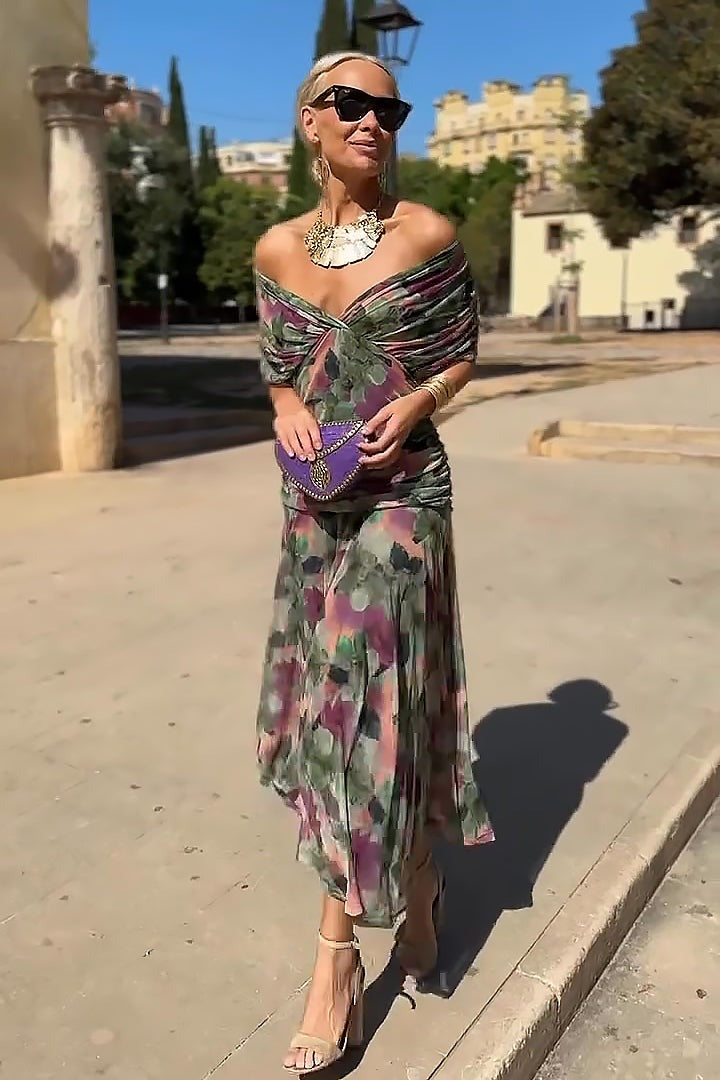 Women's Wedding Guest Maxi Dress with Off-Shoulder Neckline