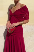 Women's Wedding Guest Maxi Dress with Off-Shoulder Neckline